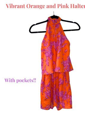 Vibrant Orange and Pink Women's Romper with Halter neck and pockets, size S, NWT